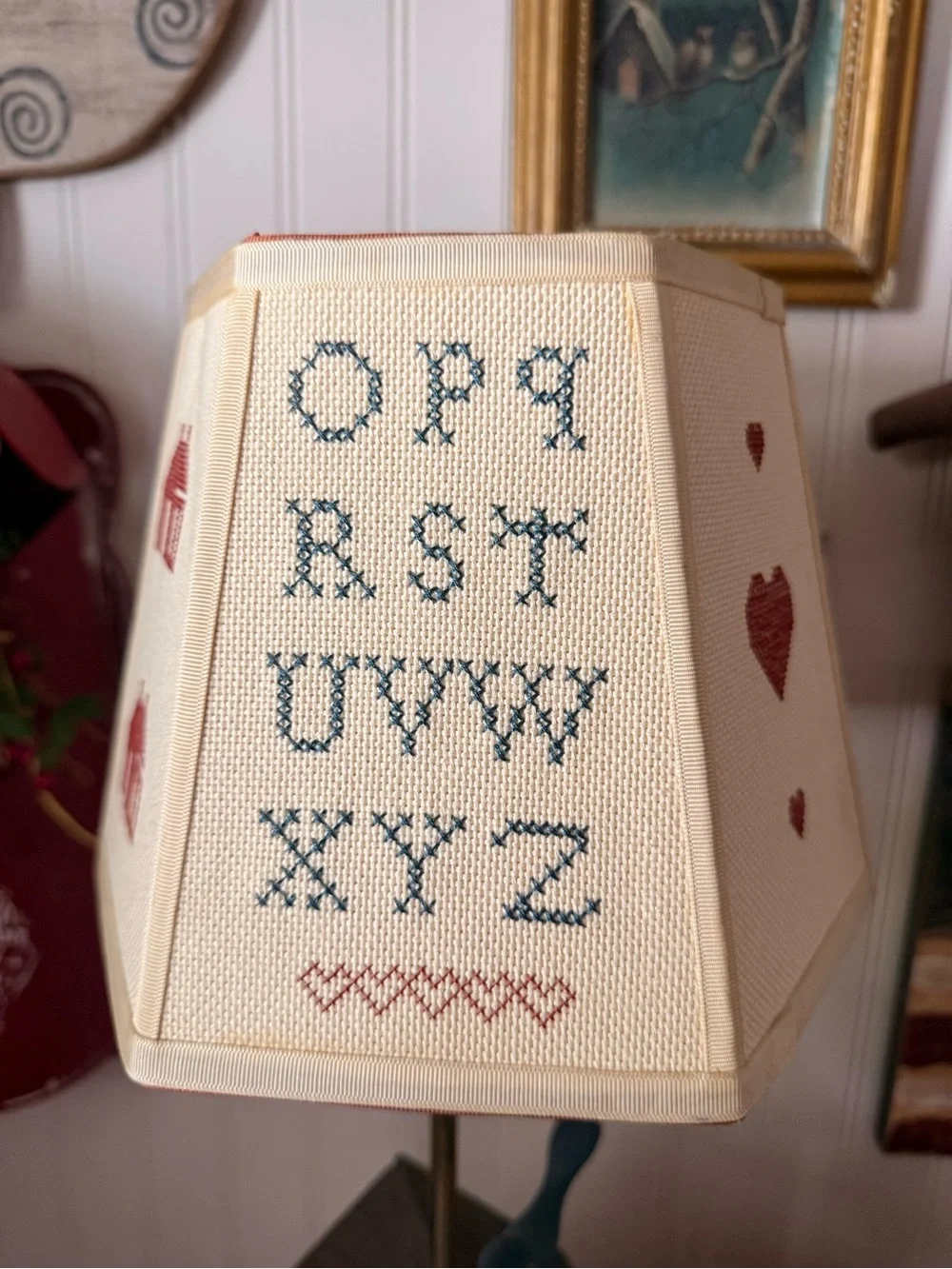 Amazing Vintage Folk Art Primitive Cross Stitch Sampler Lampshade 6-3/4